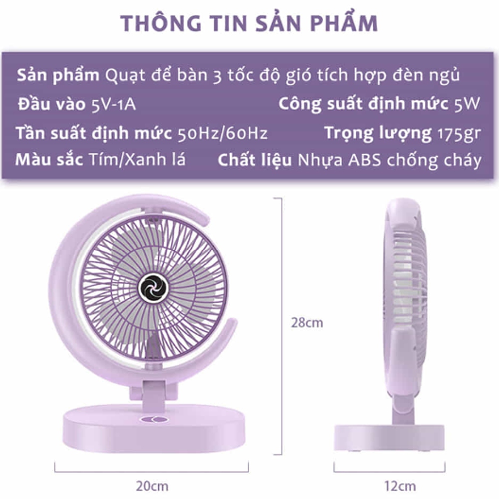 Quạt Để Bàn Tích Điện Mini 3 Cấp Độ Gió Teement, Tích Hợp Đèn Ngủ Động Cơ Không Tiếng Ồn Pin Pin 1200mah , Điều Chỉnh Lên Xuống 360°- Hàng Chính Hãng