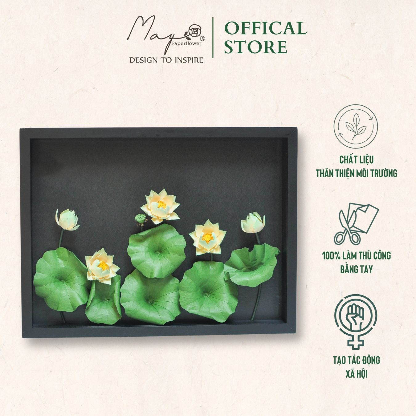 Tranh hoa giấy handmade trang trí cao cấp VIETNAM LOTUS 30x40cm - Maypaperflower Hoa giấy nghệ thuật