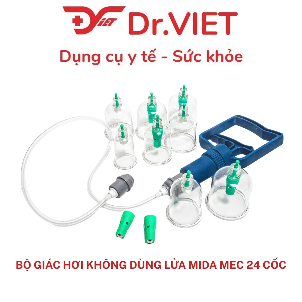 Bộ Giác Hơi Không Dùng Lửa MIDA Mec 24 Cốc FCT0024, Hút Chân Không An Toàn, Nhựa Nguyên Sinh, Có Dây Tự Giác Lưng