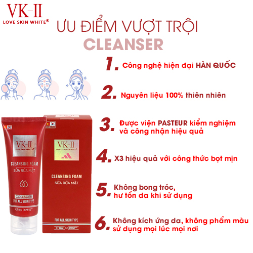 Sữa rửa mặt VK II Cleasing Foam Collagen Love Skin White 80ml