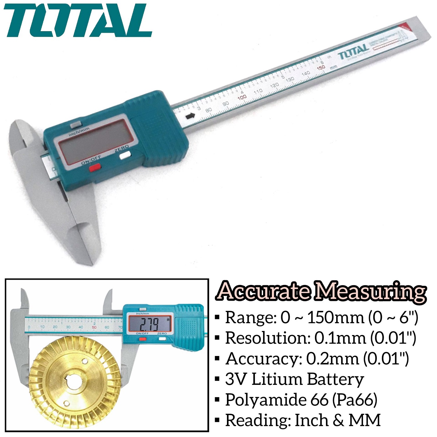 Thước kẹp điện tử thân nhựa 150mm TOTAL TMT331501 - kỹ thuật số, dùng pin CR2032, độ chính xác cao, do từ 0.1mm