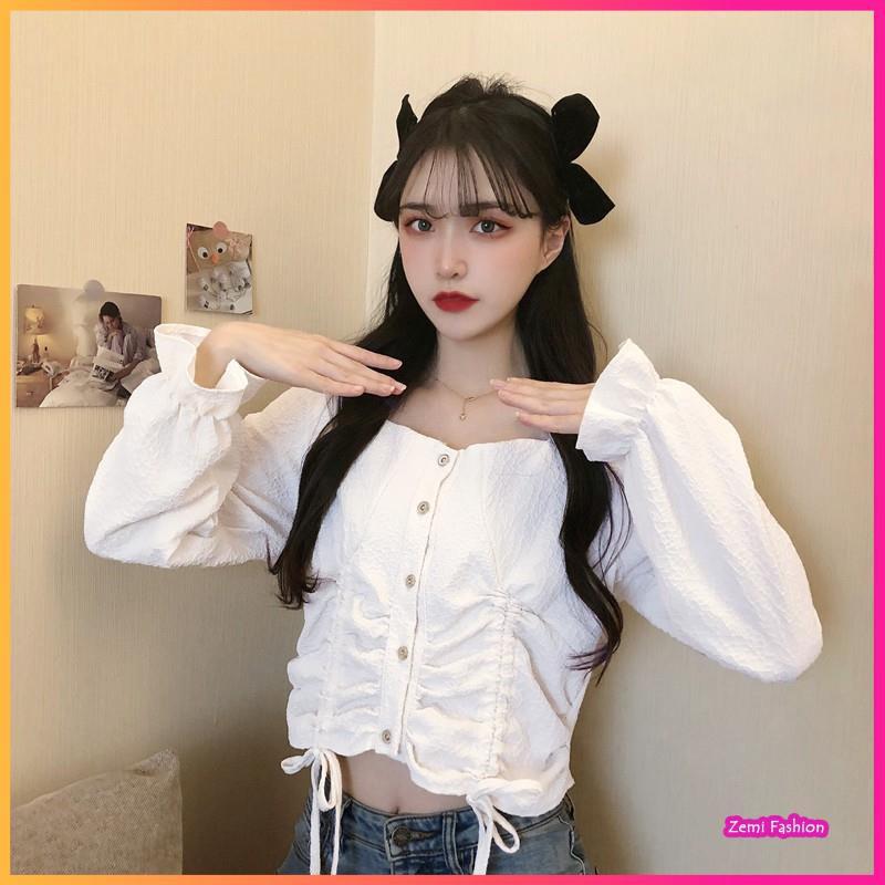 Áo Sơ Mi Nữ CropTOP Cổ Vuông Rút Dây Ngực Ulzzang