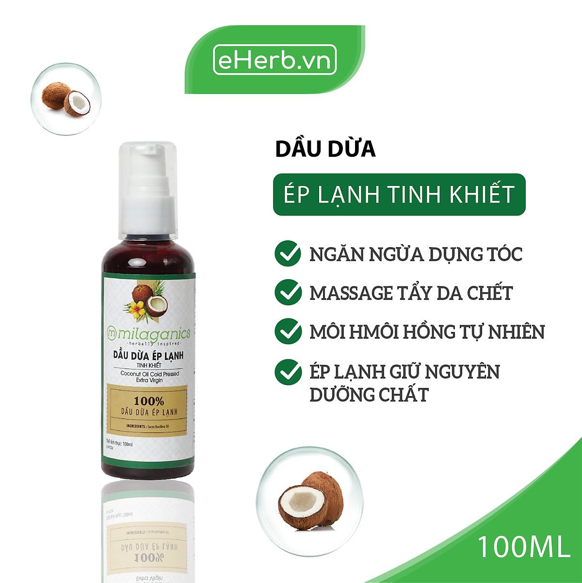 Dầu Dừa Ép Lạnh Tinh Khiết Milaganics