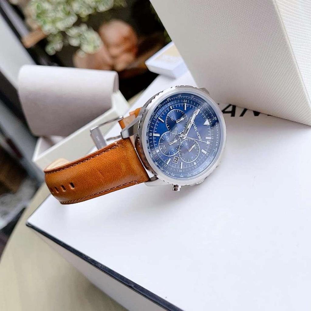 Đồng Hồ Nam MK8927 Cortlandt Chronograph mặt xanh, dây da nâu (size 44mm)