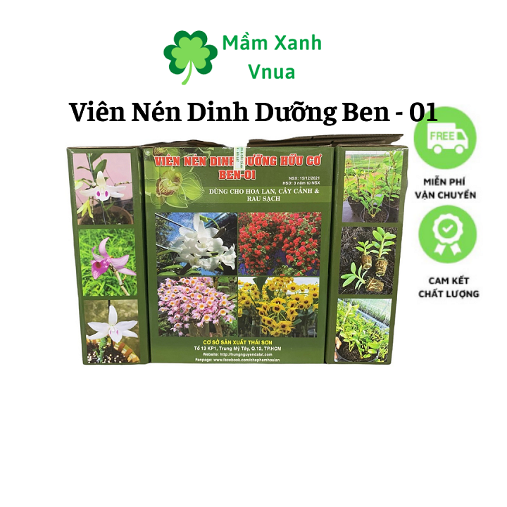 Viên Nén Dinh Dưỡng Hữu Cơ Ben 01 Hùng Nguyễn hộp 1kg dùng bón gốc cho hoa lan, cây cảnh và rau sạch