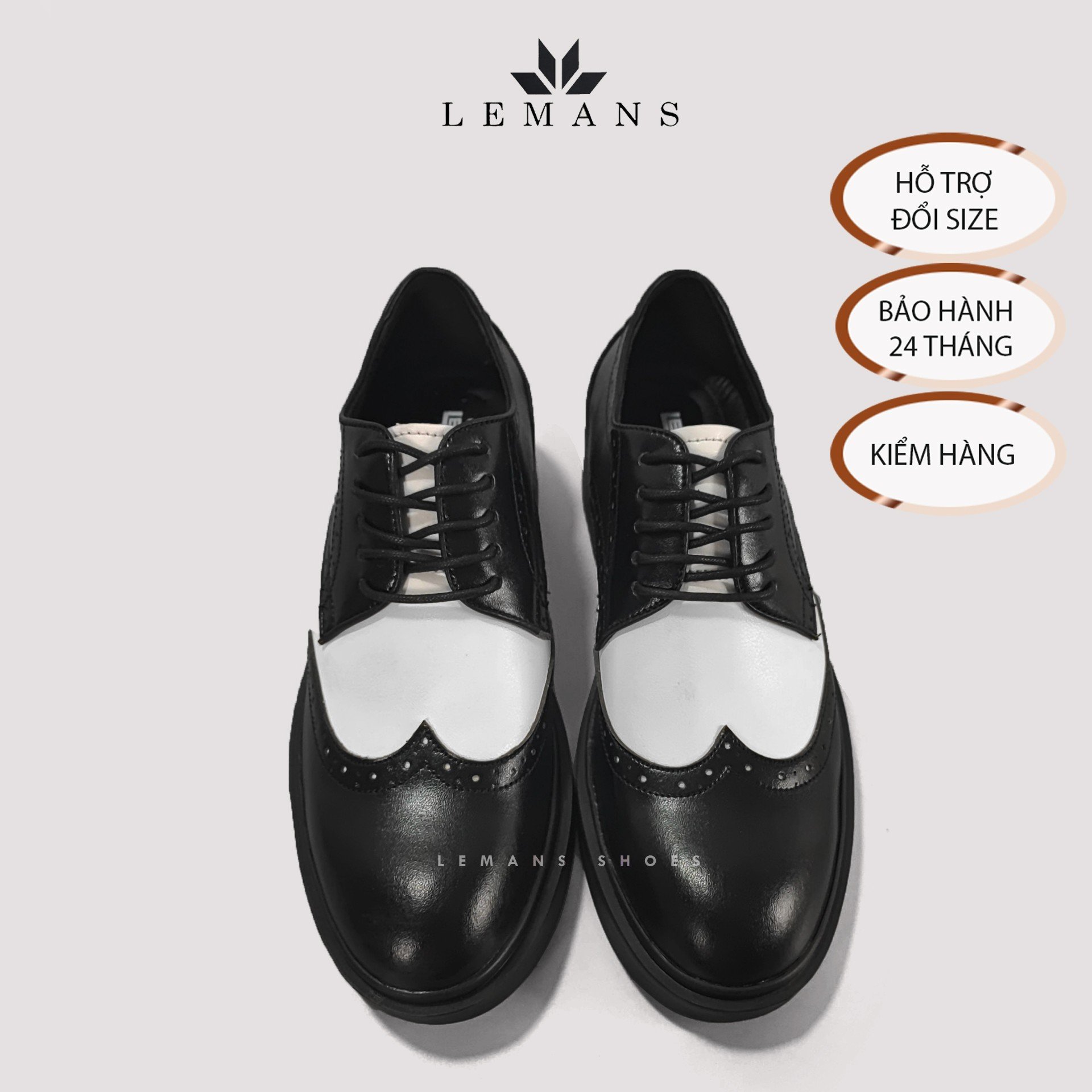 Giày da bò Derby Wingtip LEMANS Black White, đế tăng cao lemans 4cm Bảo Hành 24 Tháng, thiết kế độc quyền