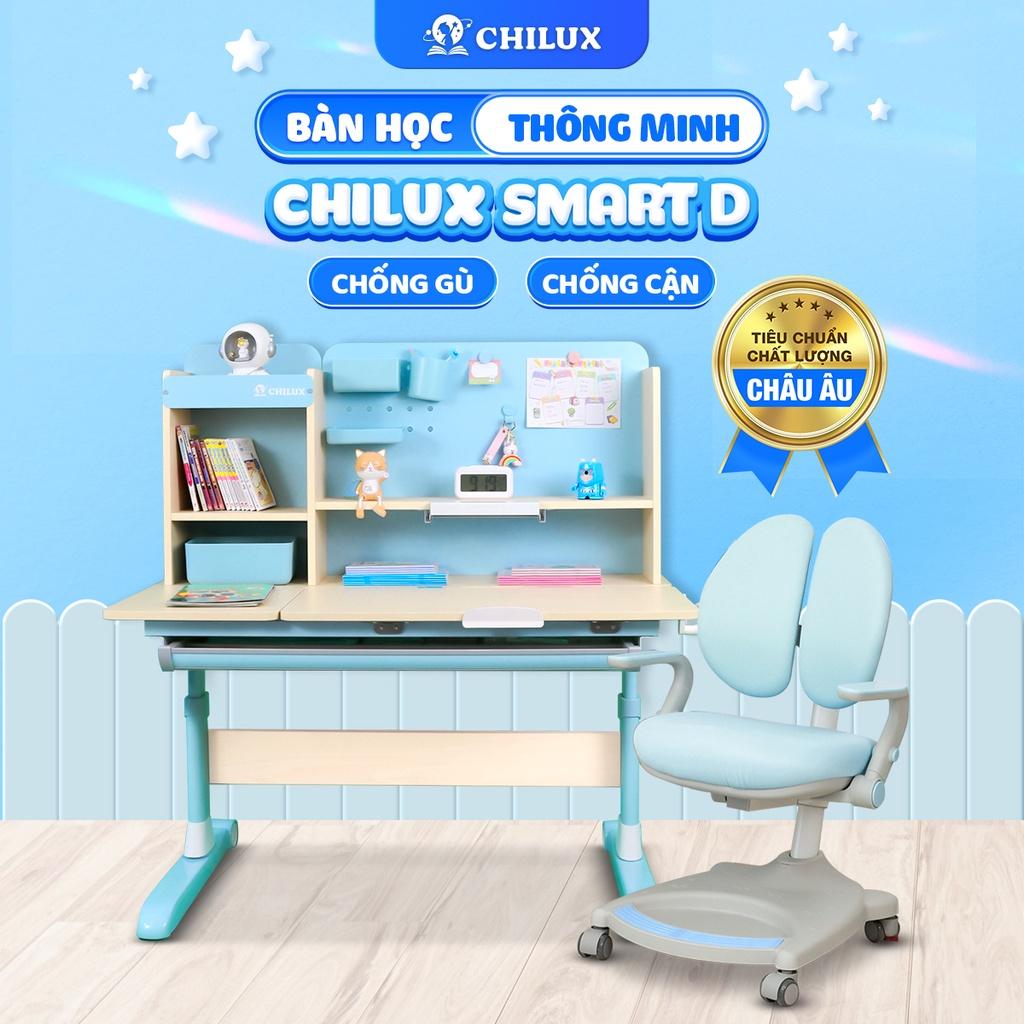 Bàn học cho bé cao cấp Chilux Smart D chống gù, chống cận, nâng hạ chiều cao, thay đổi độ nghiêng, kệ sách lớn