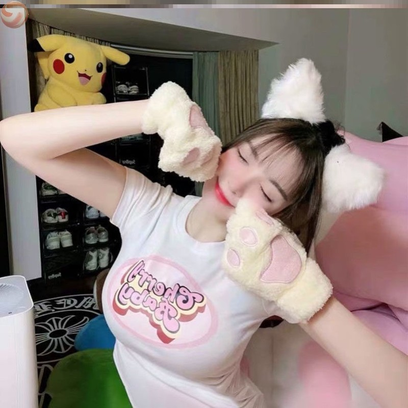 Con mèo dễ thương paw lông mịn móng tay không ngón tay ấm áp nhẹ bằng ngón tay găng tay găng tay nửa ngón tay phụ nữ mùa đông mặc quà tặng Giáng sinh Color: White-B Size: One Size