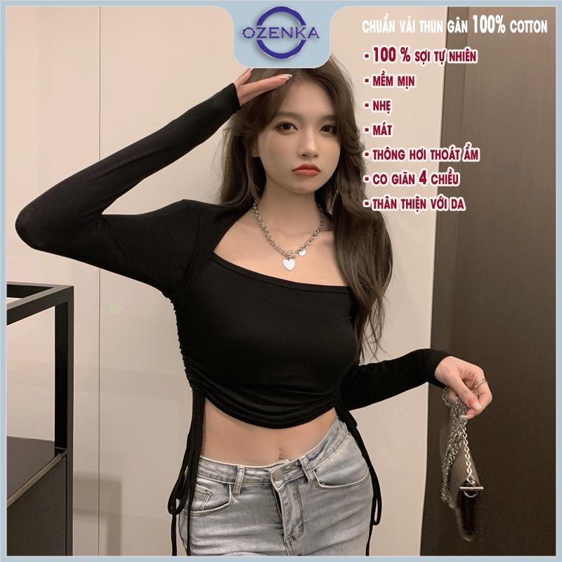 Áo croptop tay dài rút dây eo cổ thuyền nữ Ozenka , áo crt ôm body kiểu thun gân cotton màu đen trắng mặc đi chơi đi học