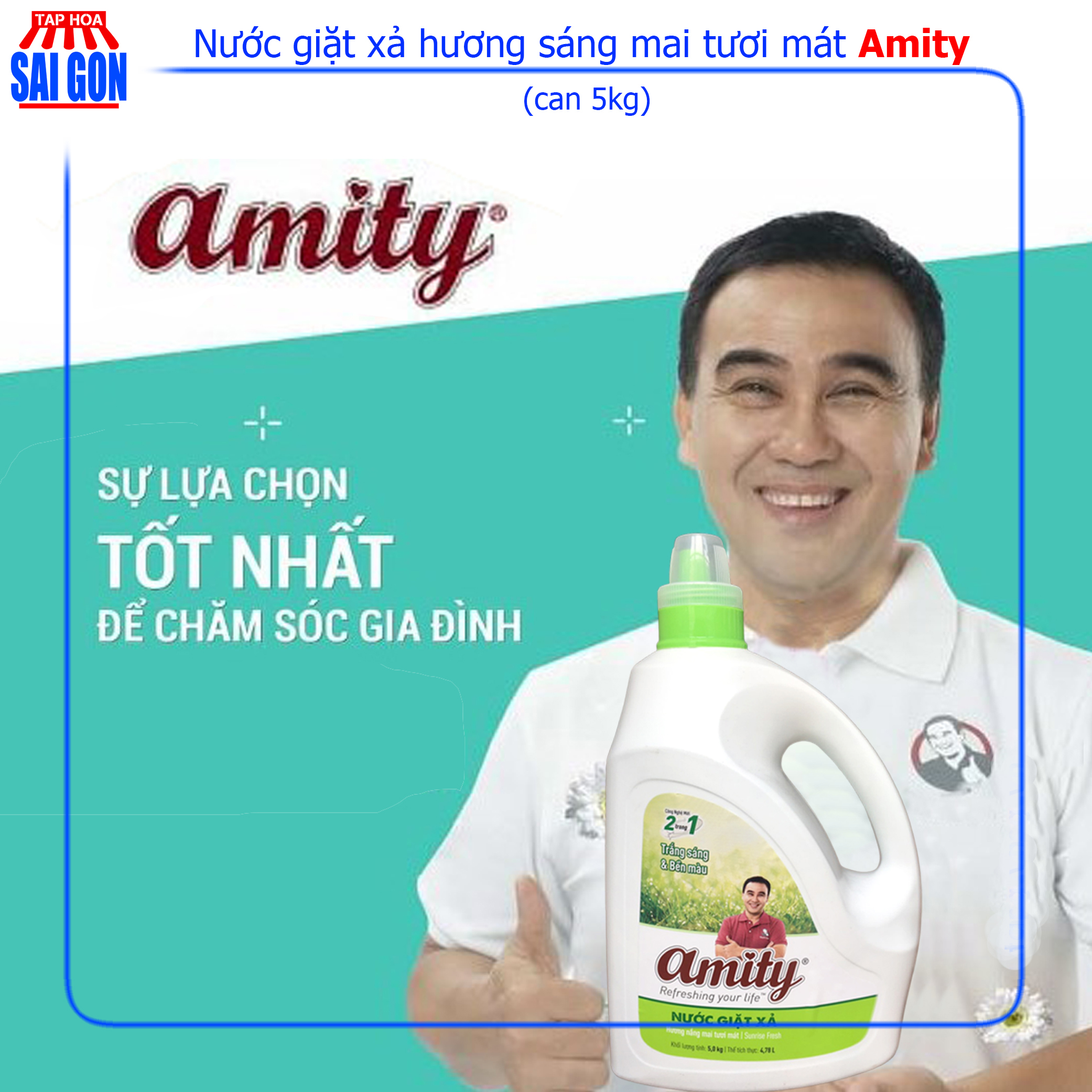 Nước giặt xả Amity nắng mai tươi mới (xanh lá) can 5kg loại bỏ mọi vết bẩn cho quần áo của gia đình