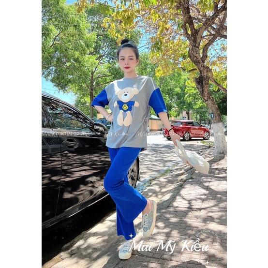 Set quần ống rộng áo thun cotton tay phối gấu thêu xinh xắn
