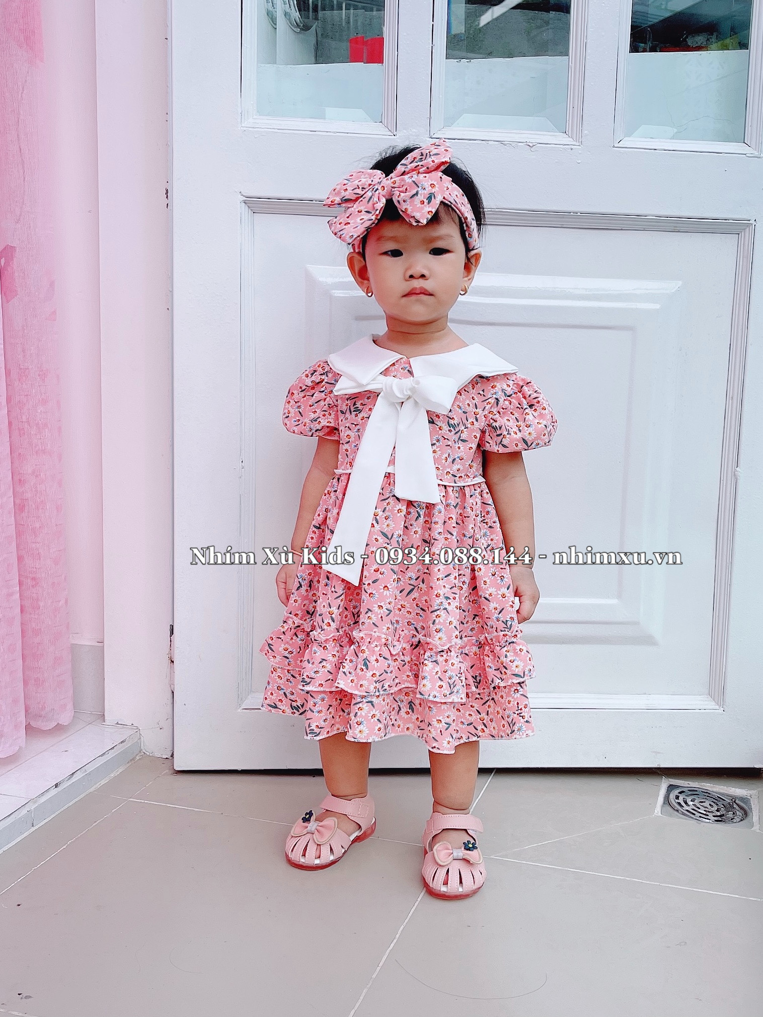 Váy Bé Gái 4 đến 28kg Lụa Mát Rượi Hoạ Tiết Liễu Hồng Tặng Turban