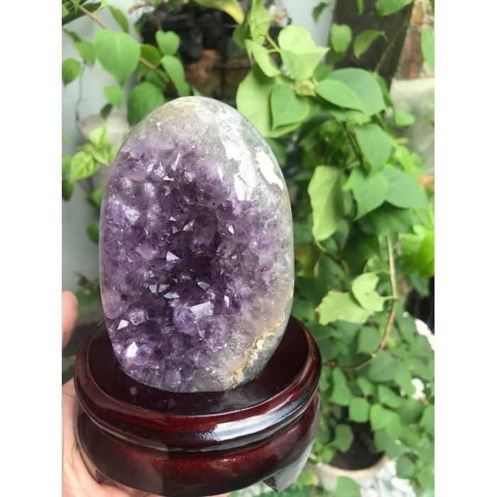 Miếng Đá Thạch Anh Tím Trái Tim Nhỏ đế gỗ Tự Nhiên Kt Cao 12cm N11cm S9cm Anh Chị Đặt Bàn Làm Việc Bàn Thờ Thần Tài May Mắn Thu Hút Tài Lộc ạ