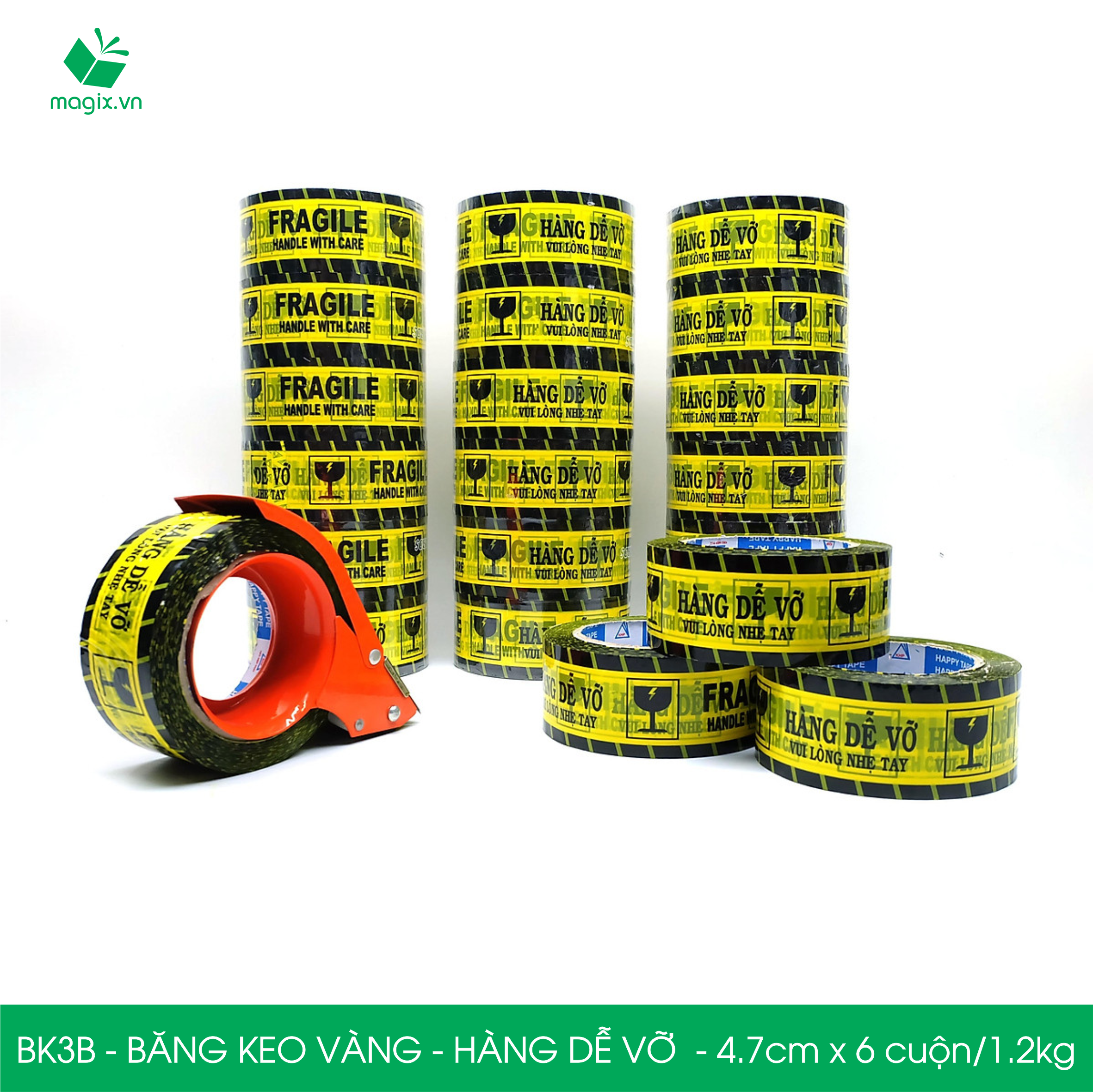 BK3B - COMBO 3 Cuộn băng keo HÀNG DỄ VỠ 4.7cm x 6 cuộn/1.2kg - Băng dính niêm phong đóng hàng