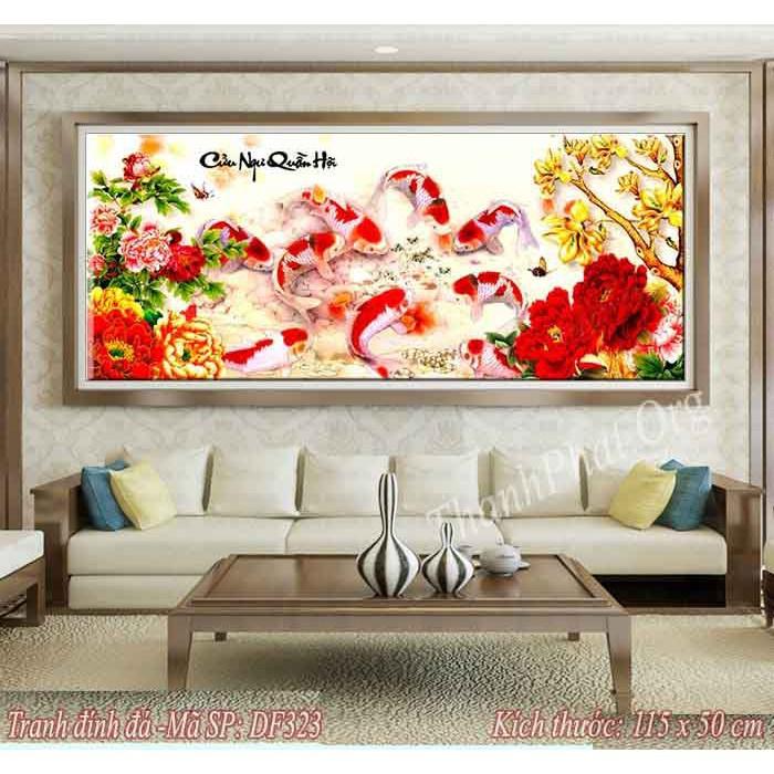 Tranh Đính Đá CÁ CỬU NGƯ QUẦN HỘI. Kích Thước: 1m15 x 50cm - 1m65 x 70cm