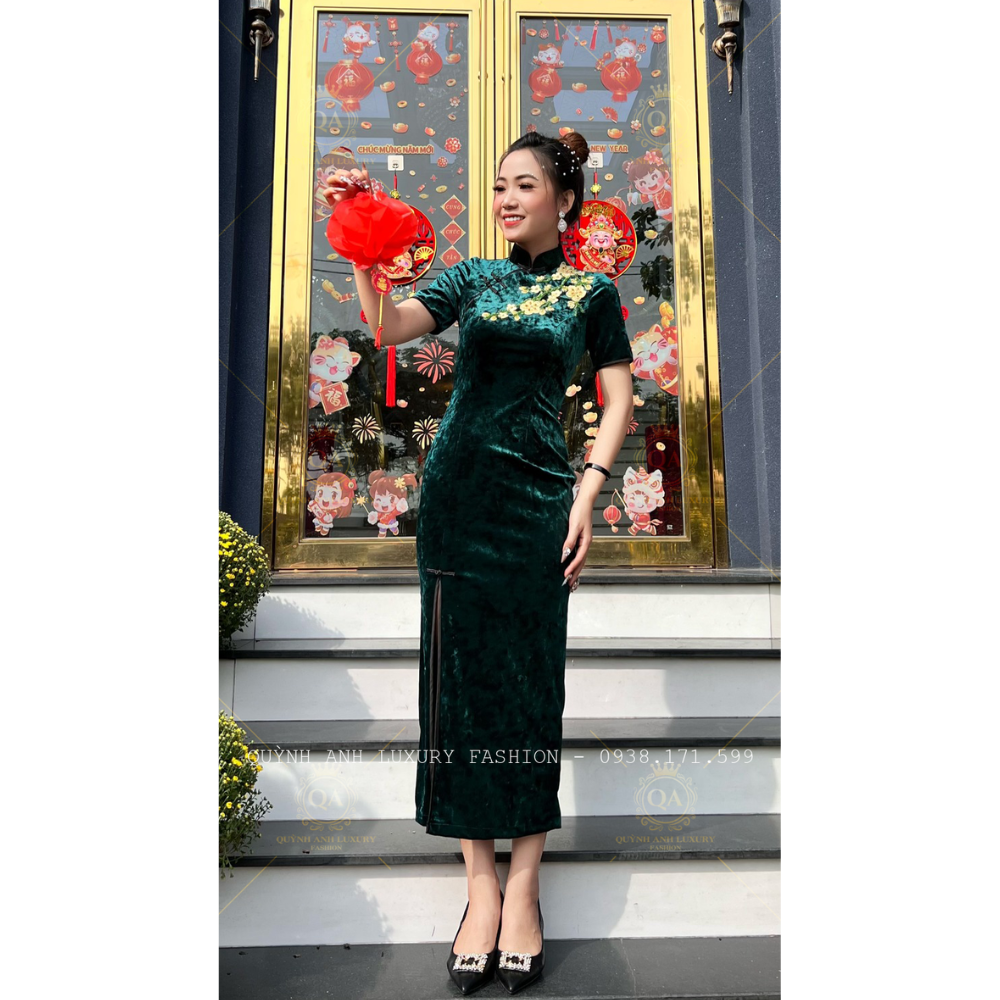 Đầm Sườn Xám Lụa Nhung Tuyết Xanh Rêu Trung Hoa Sang Trọng Nenito Dress