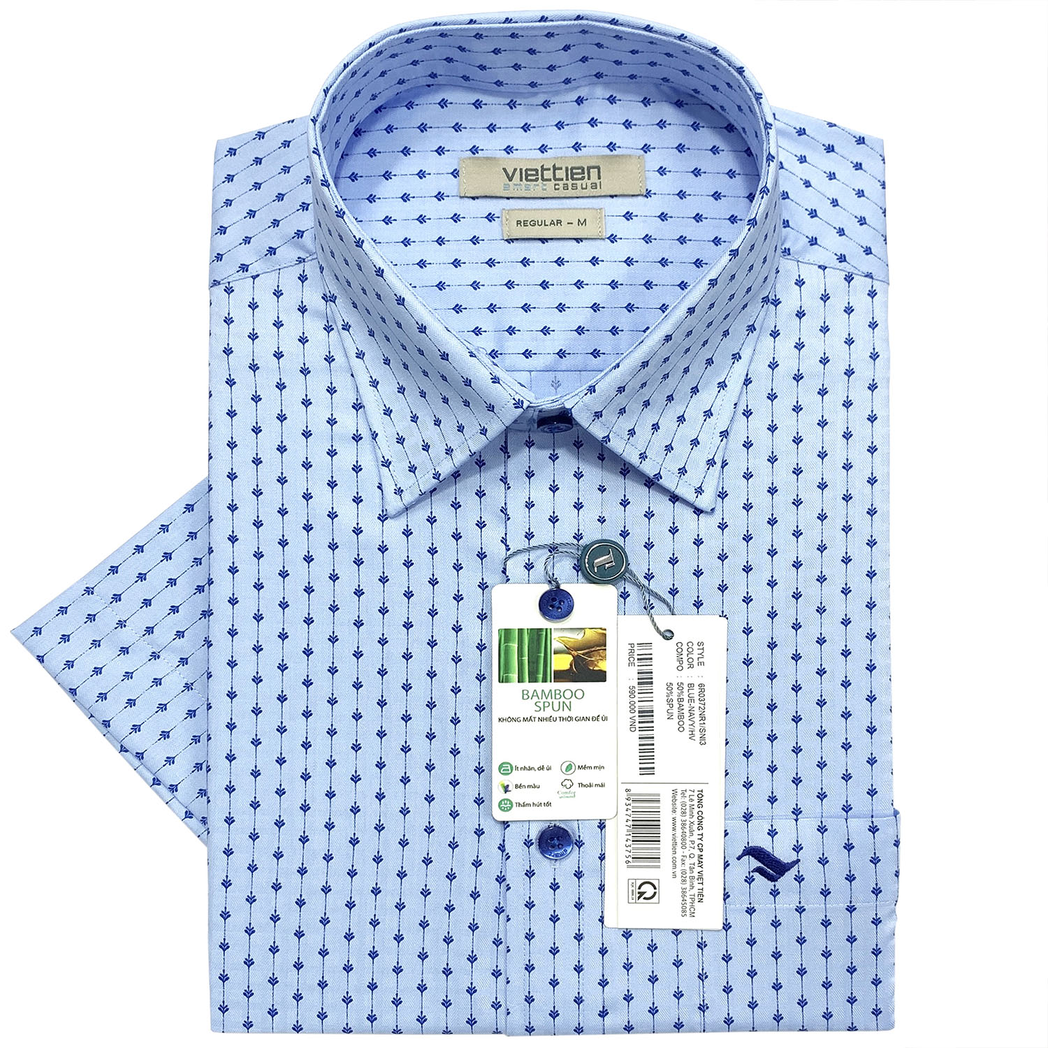 Viettien - Áo sơ mi nam ngắn tay xẻ tà lai ngang họa tiết 6R0372 regular