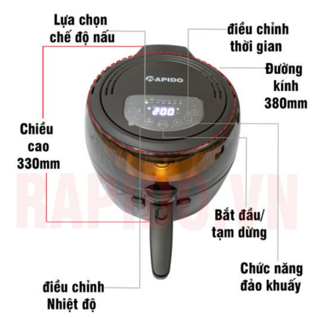 Nồi chiên không dầu 6.5L Rapido RAF6.5D 1800W - Hàng chính hãng