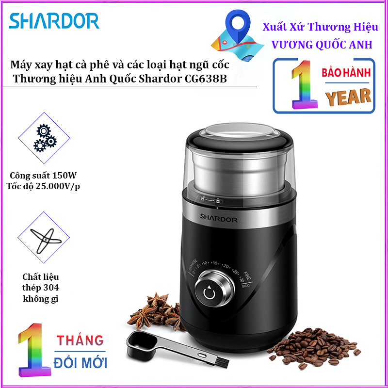 Máy xay hạt và phê và các loại hạt ngũ cốc Shardor CG638B công suất 150W, thiết điều chỉnh độ mịn tùy theo nhu cầu- Hàng chính hãng