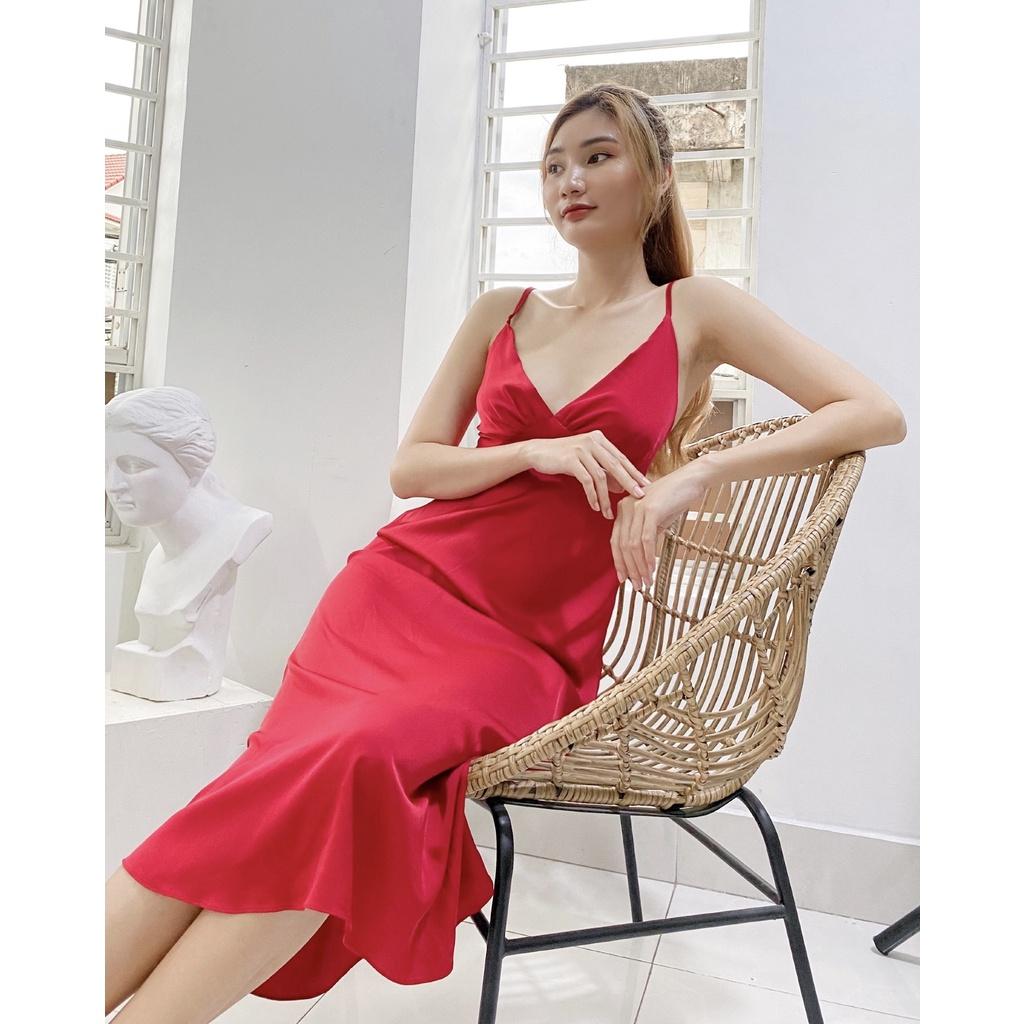 Váy ngủ lụa 2 dây cao cấp Rose Sleepwear dáng dáng qua gối sang trọng ,sexy-Màu đỏ đô tangwk kèm quần chip ren gợi cảm
