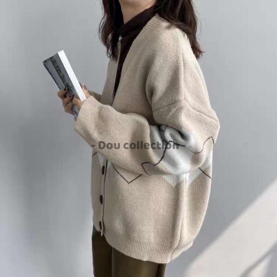 Áo Khoác Cardigan Form Rộng Họa Tiết Hình Thoi, Áo Khoác Len Thời Trang Thu Đông - Dou Collection - Mã TA024