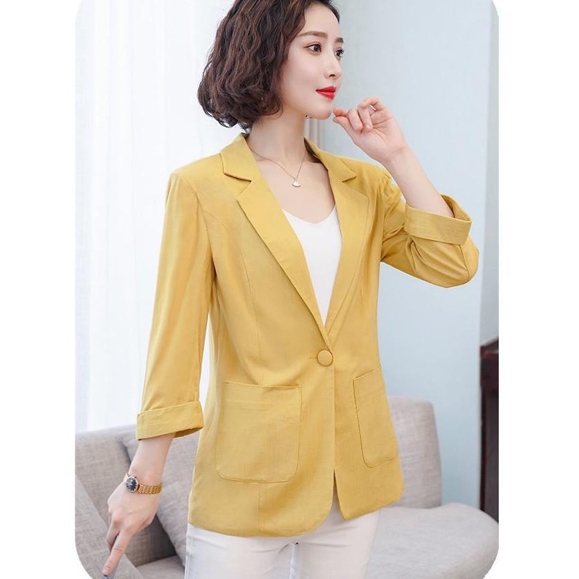 Áo vest blazer nữ Linen demi tay lỡ trẻ trung, thời trang hè thu 2021