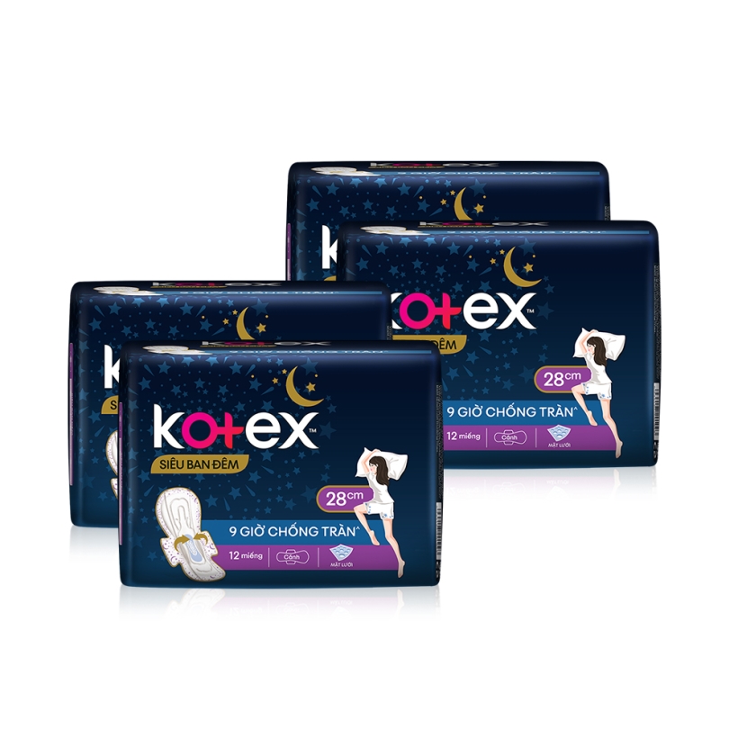 Combo 4 Gói Băng Vệ Sinh Kotex Siêu Ban Đêm 9h chống tràn, dày cánh 28cm (12 miếng/gói)