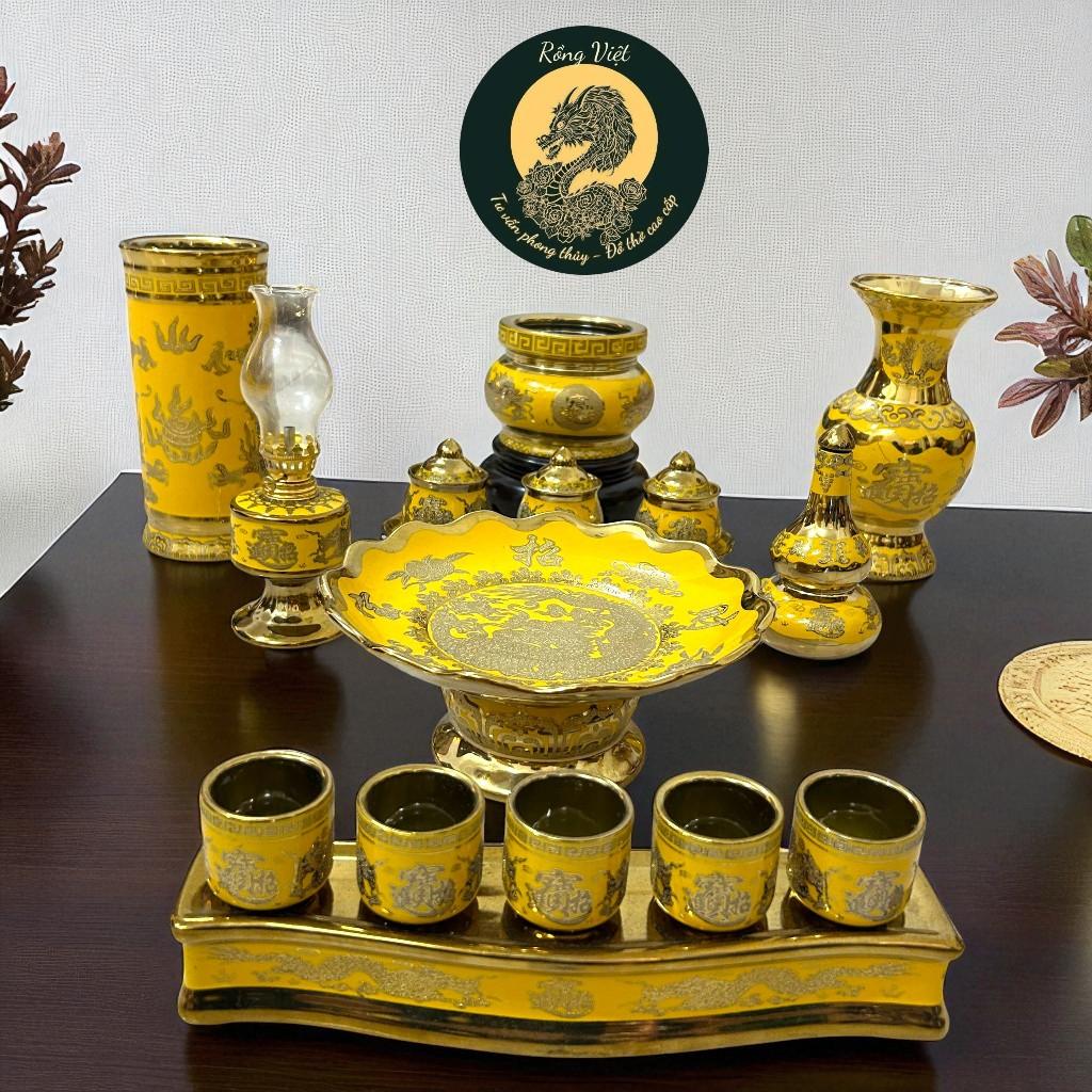 Bộ đồ sứ thờ thần tài RỒNG VIỆT, Đồ thờ gia tiên, thần tài gốm kim sa bát tràng cao cấp
