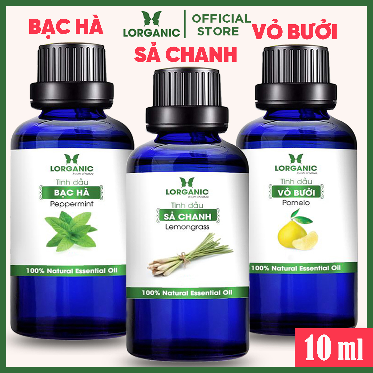 Combo 3 Tinh Dầu LORGANIC / Nhiều Mùi Hương / Xông Phòng Thư Giãn, Đuổi Muỗi 10m / Sả Chanh, Quế, Bạc Hà, Oải Hương Lavender, Tràm, Ngọc Lan Tây, Hương Thảo, Stress Relief, Sensual, Cam, Vỏ Bưởi, Bạch Đàn Chanh, Bưởi Chùm, Gỗ Thông (10ml)