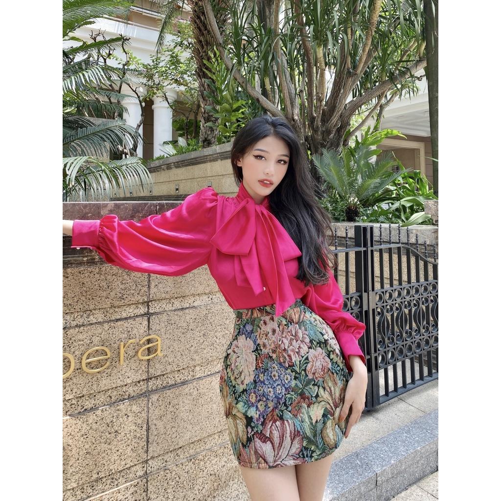Áo sơ mi tay bồng cổ buộc nơ màu hồng trendy- Clara top