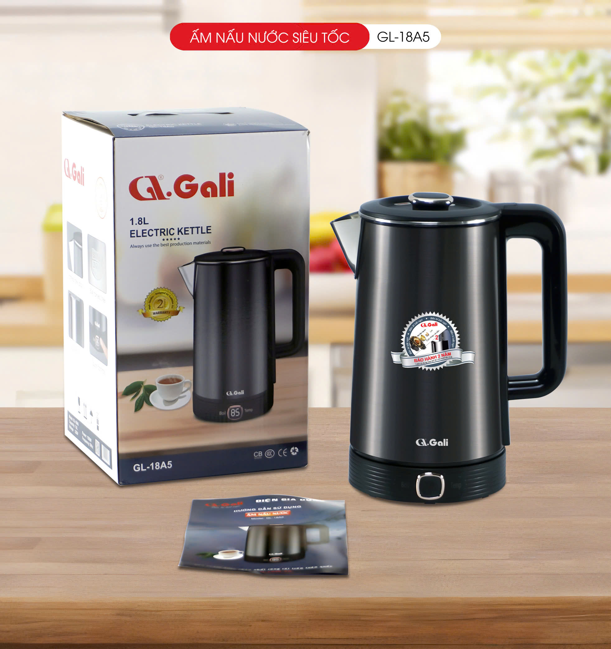 Ấm Siêu Tốc Gali GL-18A5 1.8 Lít. Thiết kế 2 Lớp, chức năng Cảm Ứng Chỉnh Nhiệt Độ. Hàng chính hãng bảo hành 24 tháng
