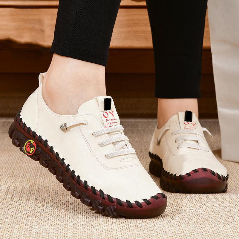 Giày nữ giản dị mới Giày mùa thu Nền tảng giày đế bệt Lace Up Women Sneakers Leather Flats Mom Shoe Mujer Zapatos Zapatos de Mujer Color: Black suture Shoe Size: 35