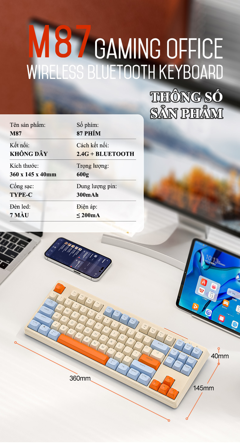 Bàn phím không dây FREEWOLF M87 kết nối Bluetooth và chip USB 2.4G thiết kế TKL 87 phím với nút nhấn không tiếng ồn - Hàng Chính Hãng