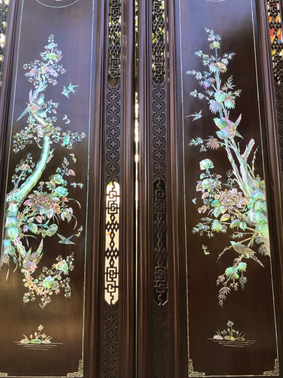 Tranh gỗ gụ khảm xà cừ ốc ,tích  tứ quý bốn mùa trong năm mầu sắc đẹp long lanh kt 37×117×3.5cm