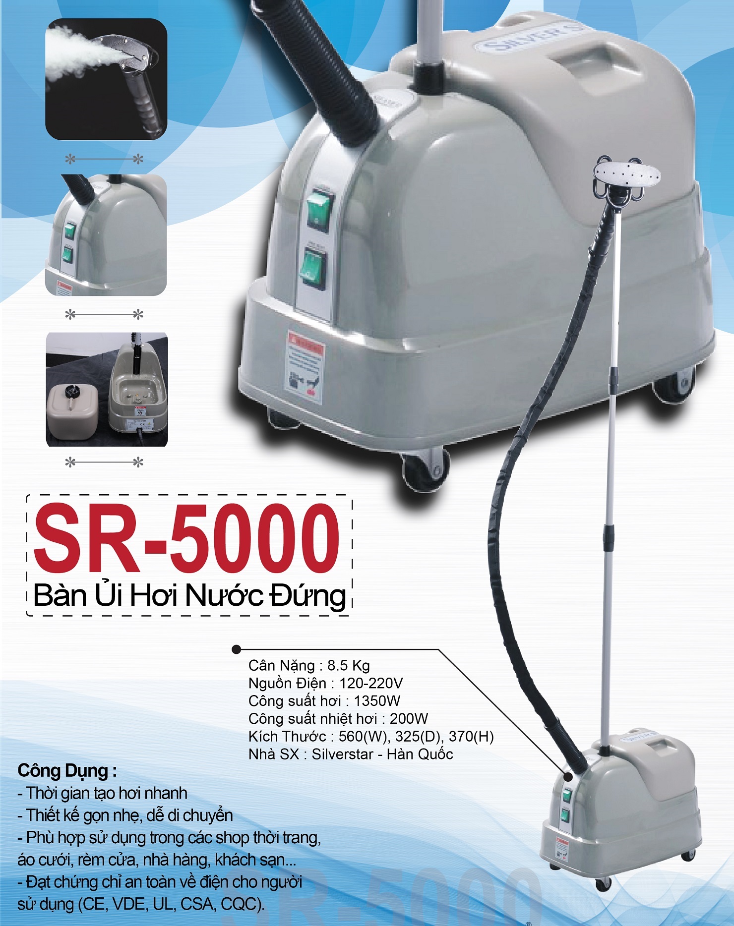Bàn ủi hơi nước đứng công nghiệp SR-5000 Silver Star - Hàng chính hãng