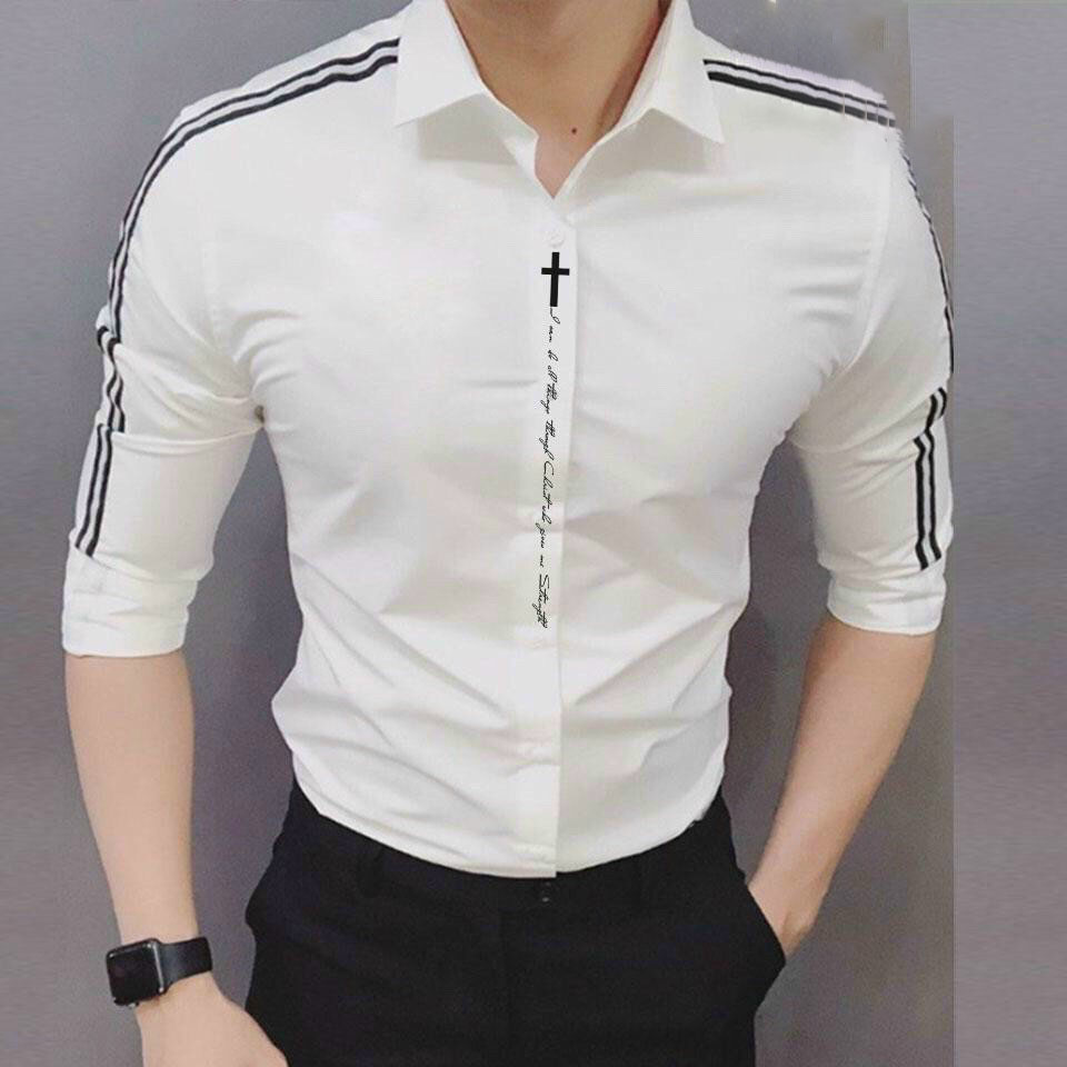 Áo sơ mi nam viền tay họa tiết thánh giá