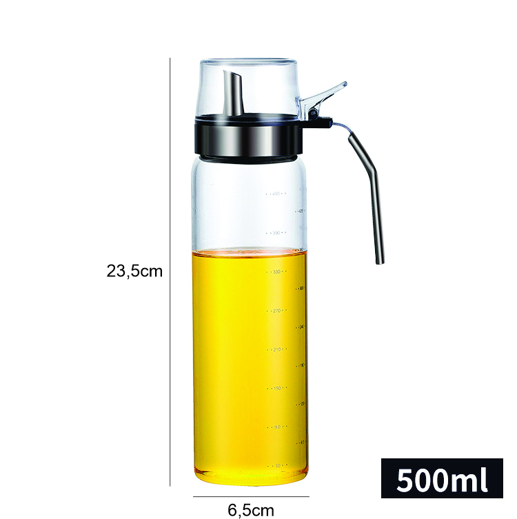 Chai Bình Thủy Tinh Đựng Dầu Ăn Chia Vạch, Tay Cầm Thép, Nắp Mở Tự Động Dung Tích 500ML