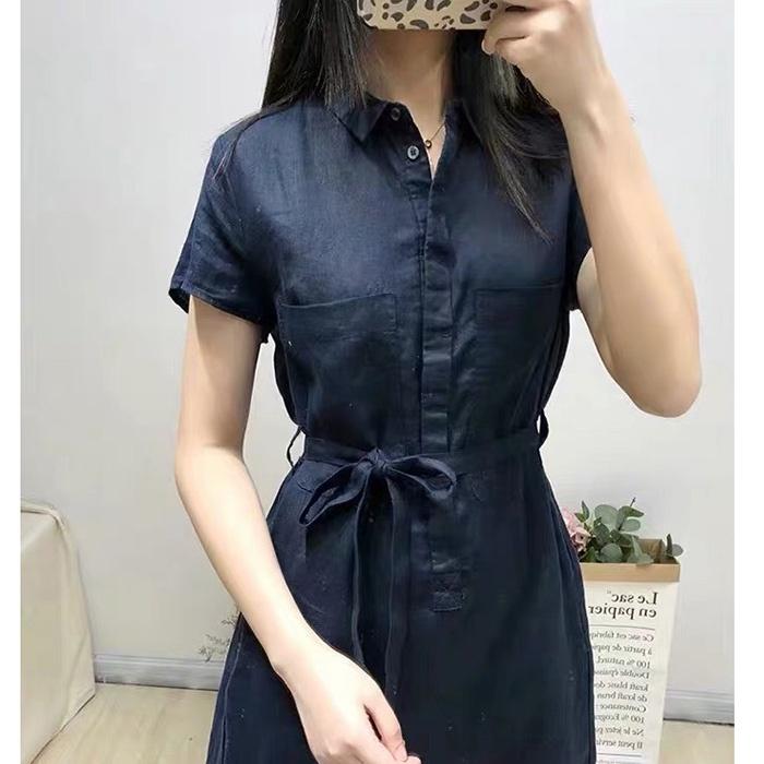 Đầm suông công sở linen cổ đức lượn đuôi tôm 2 túi ngực trẻ trung, thời trang hè thu 2022