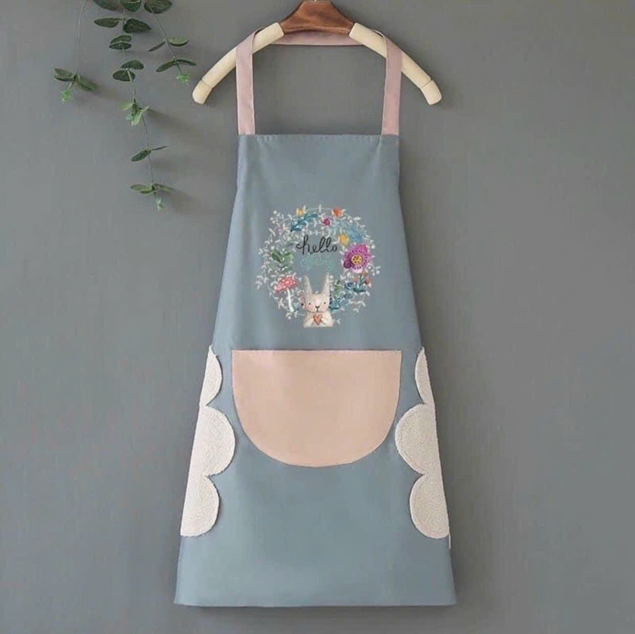 Tạp Dề Hello Spring Con Thỏ Có Túi Đựng Và Chỗ Lau Tay - Tạp Dề Phong Cách Hàn Quốc - Đa Năng Tiện Dụng