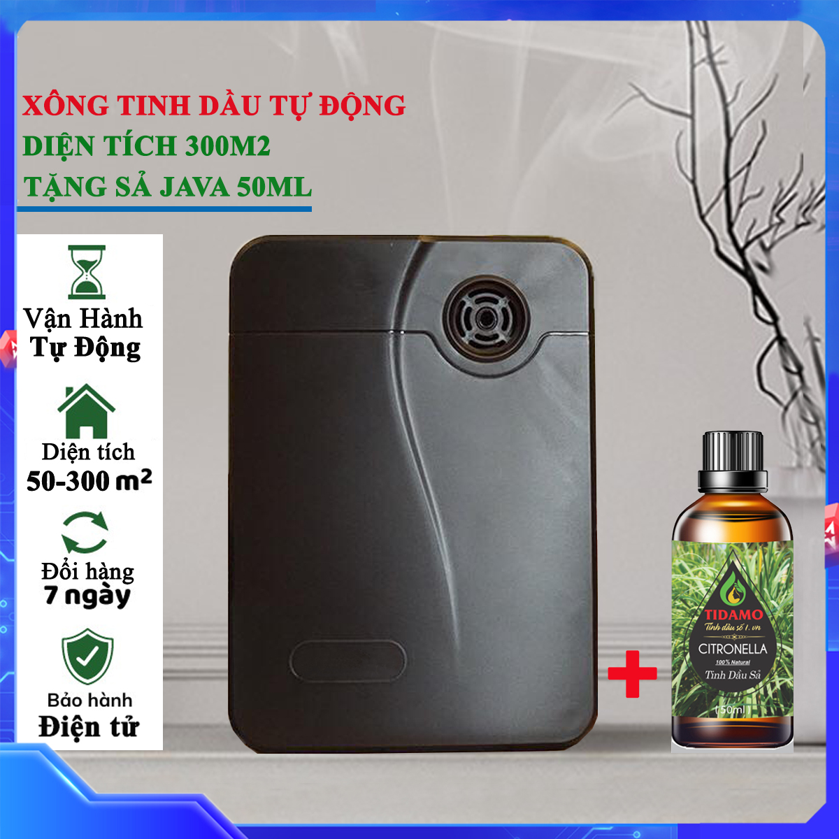 Máy Xông Tinh Dầu Tự Động Kèm Tinh Dầu Sả 50ml Cho Phòng Diện Tích Lớn Đến 300M2, Máy Hẹn Giờ Hoạt Động, Sử Dụng Tinh Dầu Nguyên Chất, Phun Mạnh Mẽ