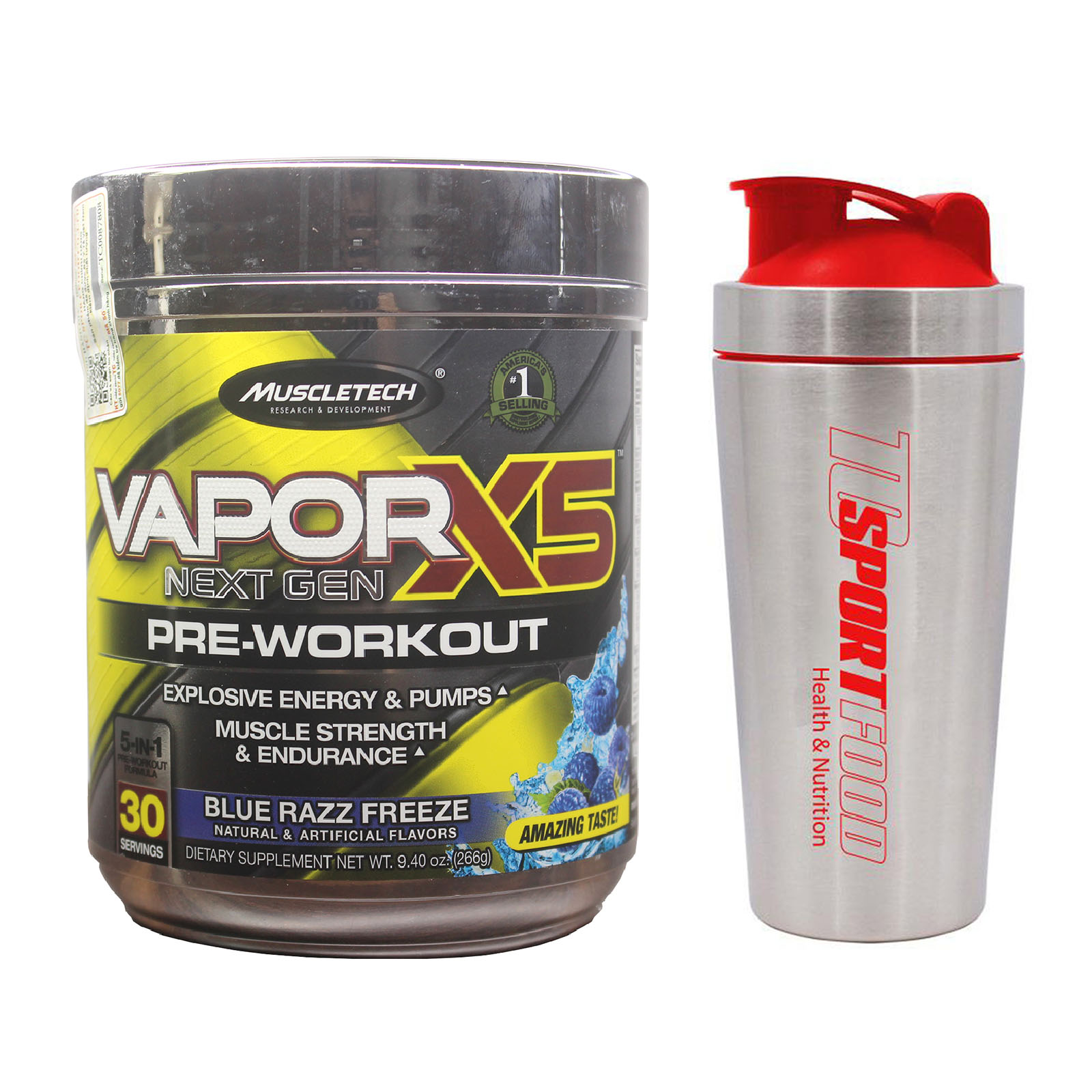 Combo Pre-Workout Vapor X5 của MuscleTech hương Blue Razz Freeze hộp 30 lần dùng hỗ trợ Tăng Sức Bền, Sức Mạnh, Đốt Mỡ, Giảm Cân mạnh mẽ cho người tập GYM & Bình INOX 739ML (mẫu ngẫu nhiên)