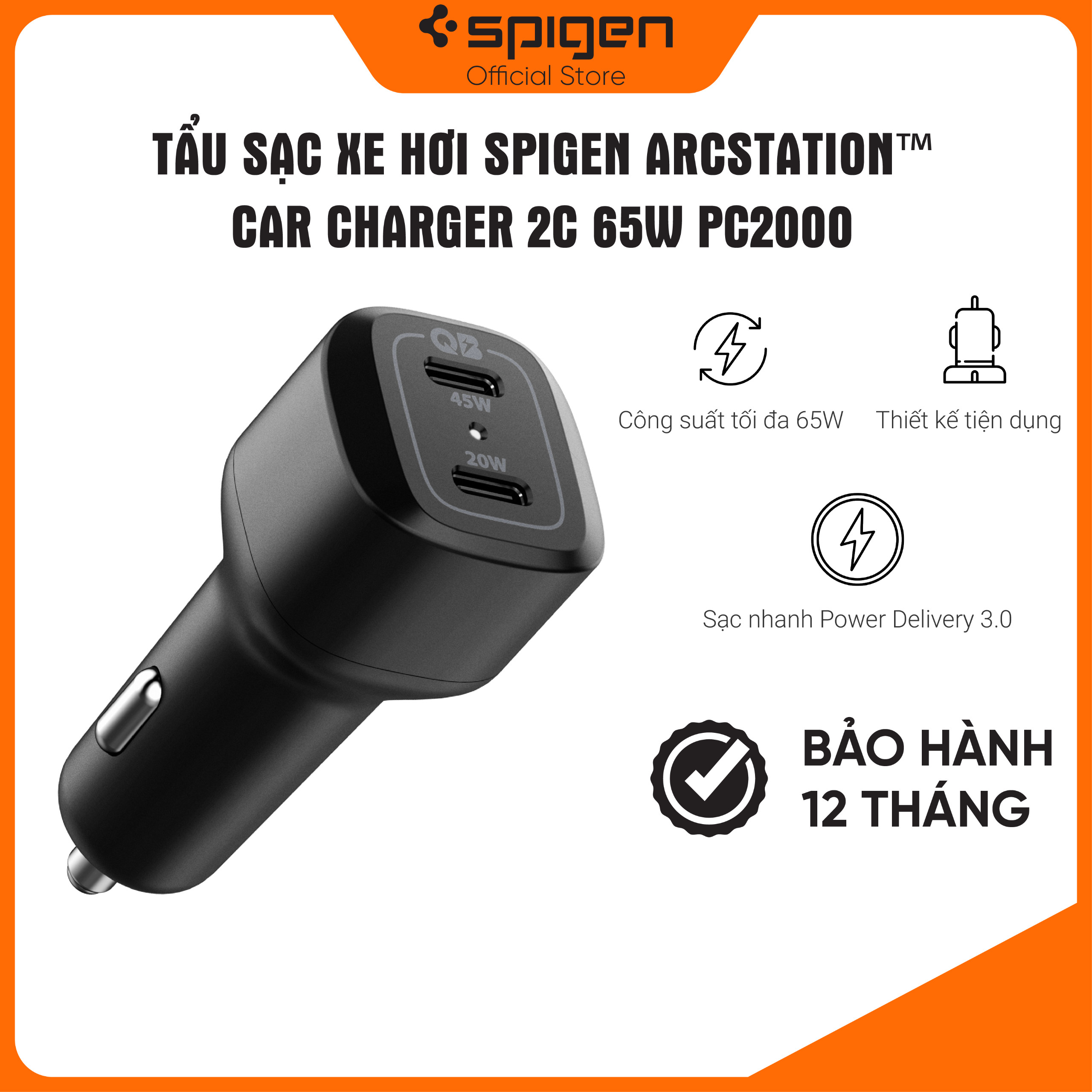 Tẩu Sạc Xe Hơi Spigen Arc Station Car Charger 2c 65w PC2000 - Hàng Chính Hãng