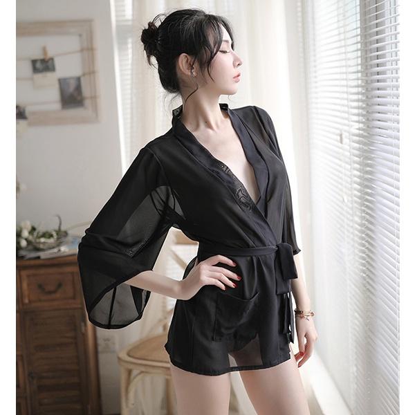 Áo choàng ngủ sexy voan mỏng phối ren cao cấp set ngủ nữ tay dài kèm chip đen nude gợi cảm BIKI HOUSE N132 - Hỏa Tốc