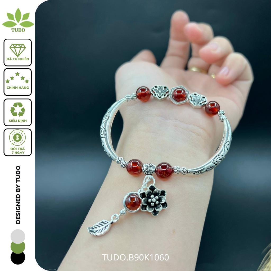 Vòng Tay Nữ Đẹp - Vòng Phong Thủy Mệnh Hỏa Thổ TUDO VCBGARN AG925 B90K1060 Charm Lá, Ống Khắc Hoa