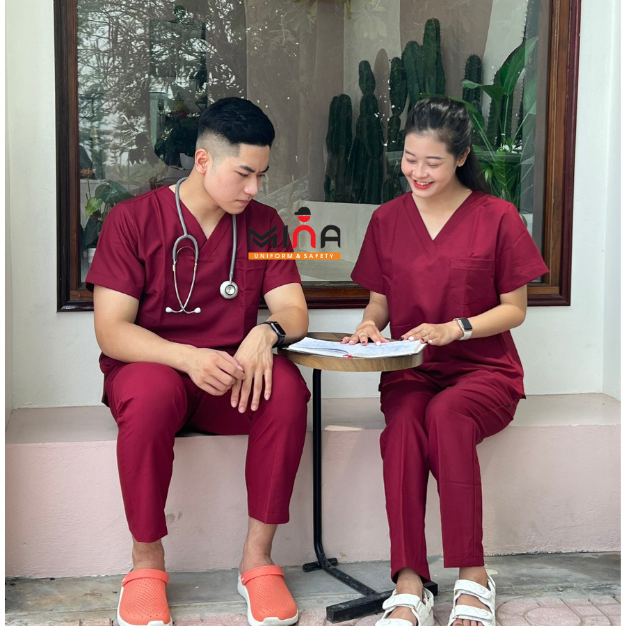 Bộ scrubs bác sĩ, quần áo y tế phẫu thuật - Màu đỏ đô - Vải cotton co giãn