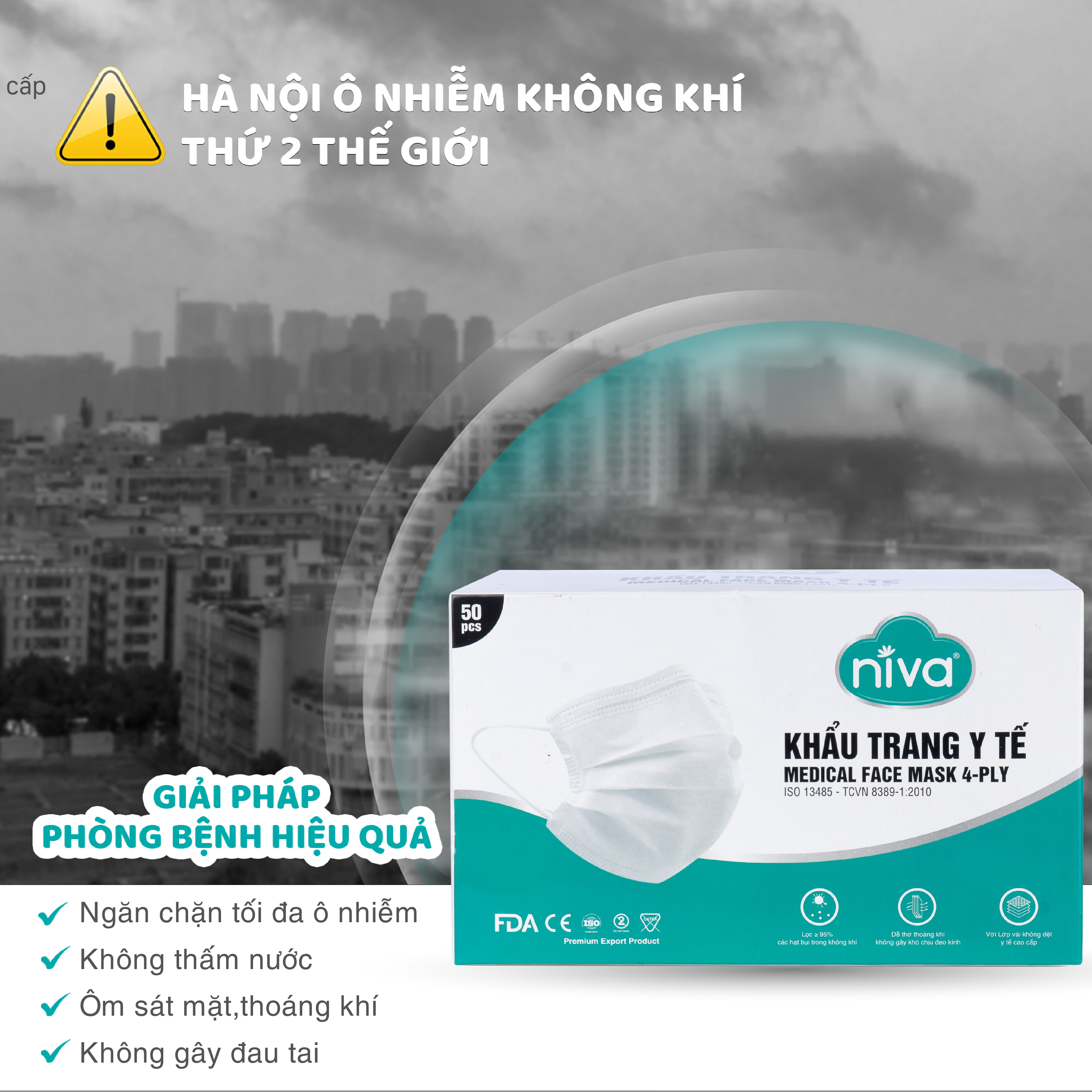 Combo 05 Khẩu Trang Y Tế 4 Lớp Niva Hộp 50 Cái Kháng Khuẩn, Ngăn Khói Bụi, Vi Khuẩn Hàng Chính Hãng Cao Cấp