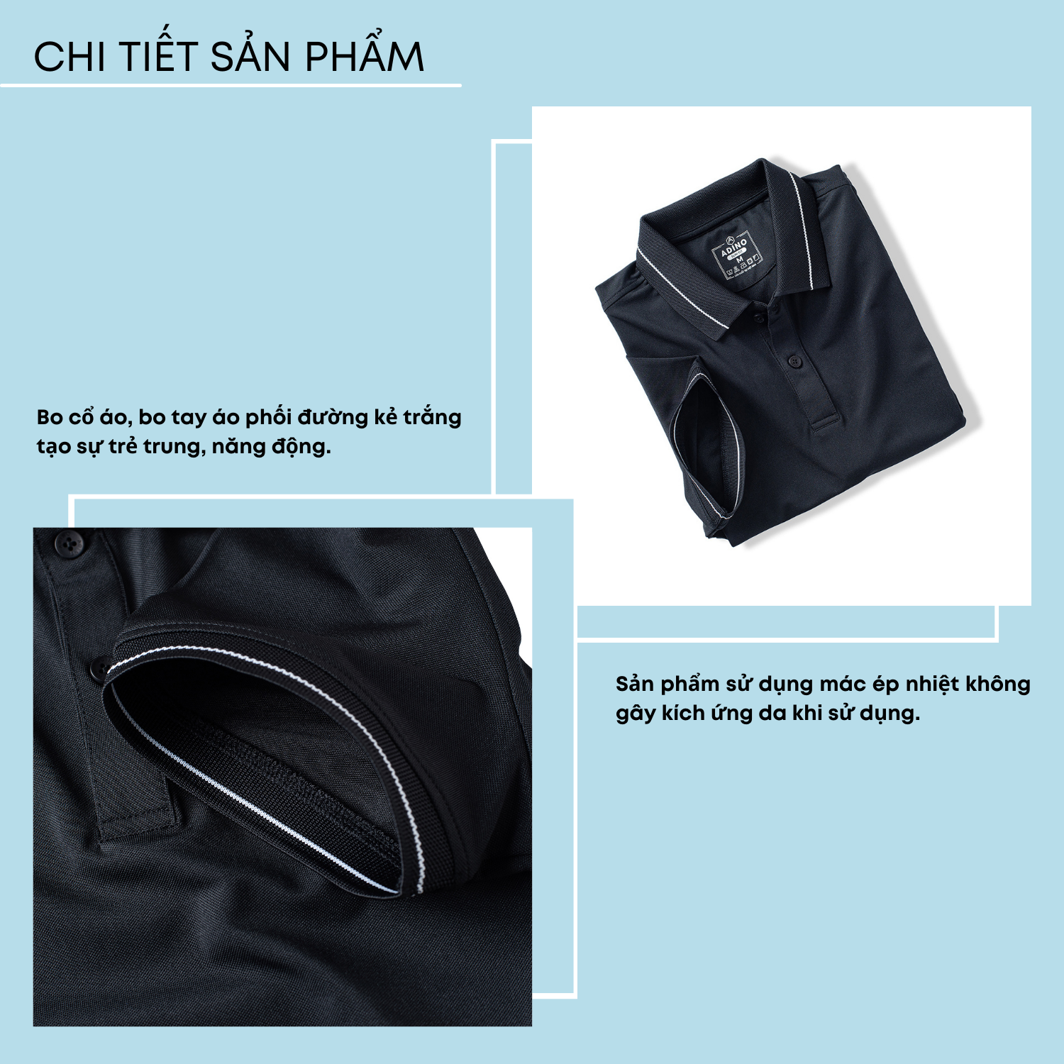 Áo thun có cổ nam màu đen phối viền ADINO vải polyester cotton mềm mịn dáng slimfit công sở trẻ trung AP95