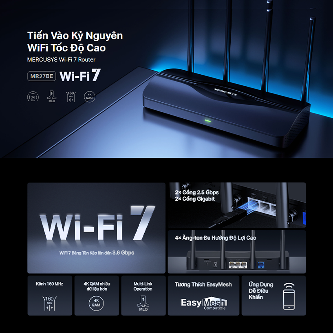 Router Wi-Fi 7 MERCUSYS MR27BE BE3600 Băng Tần Kép Tốc Độ 3.6 Gbps, Công Nghệ Đa Dạng, Bảo Mật Cao - Hàng Chính Hãng