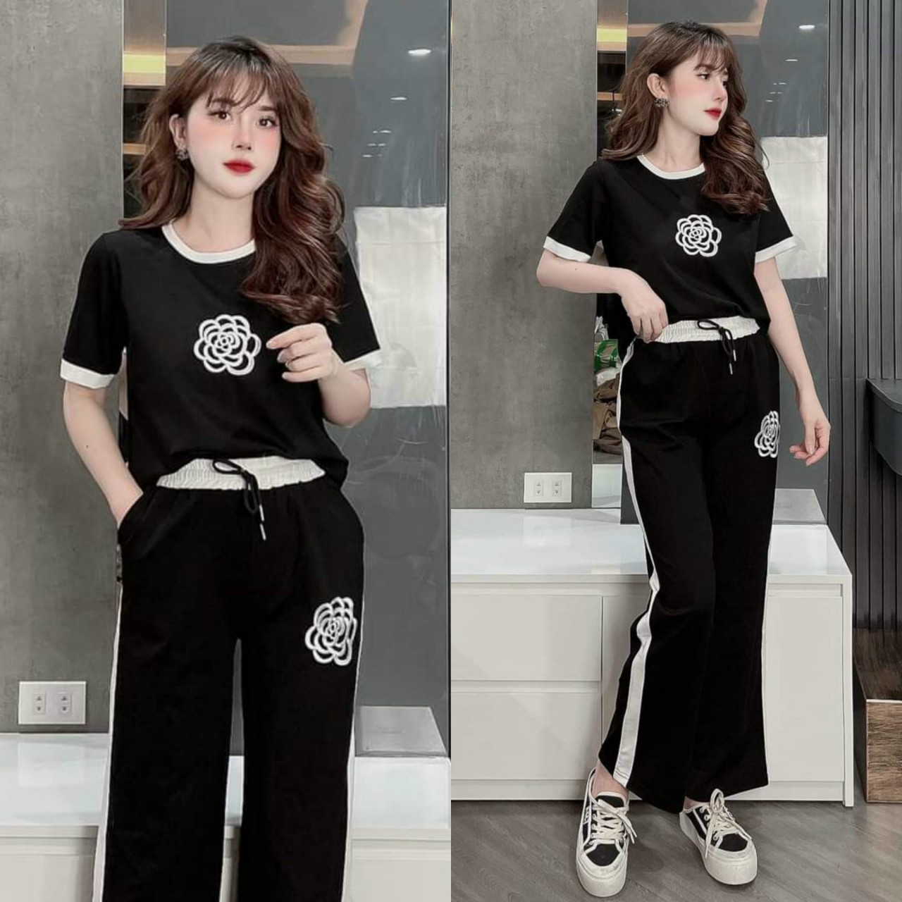 Đồ bộ thun form rộng quần ống suông thêu hoa cao cấp