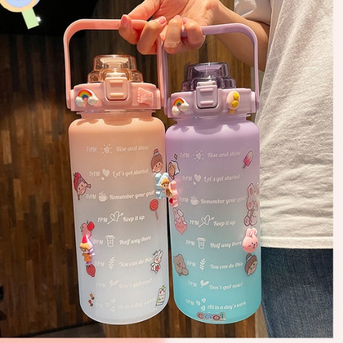 Bình nước 2 lít giữ nhiệt tặng kèm sticker cute bình đựng nước 1 lít có vòi tập thể thao chia vạch mini 2000ml, Chai đựng nước báo giờ cho người lười uống nước